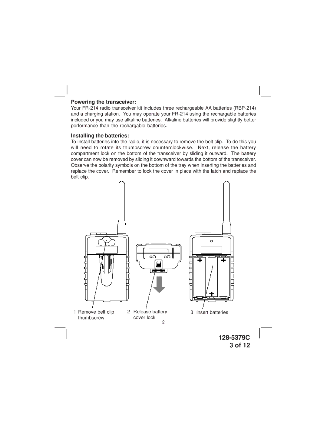 Audiovox FR-214 warranty Powering the transceiver, Installing the batteries 