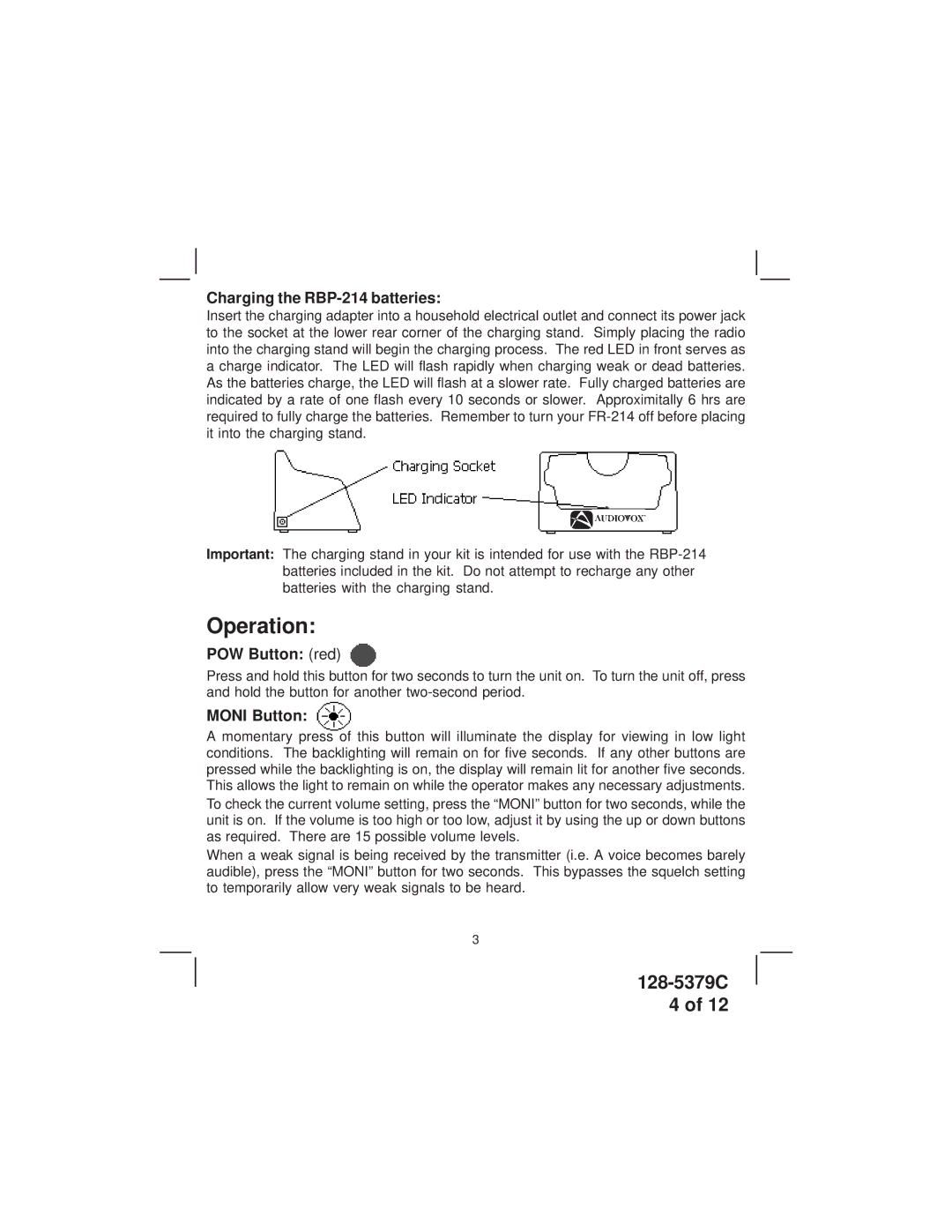 Audiovox FR-214 warranty Operation, Charging the RBP-214 batteries, POW Button red, Moni Button 