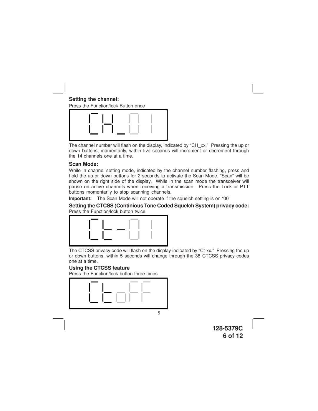 Audiovox FR-214 warranty Setting the channel, Scan Mode, Using the Ctcss feature 