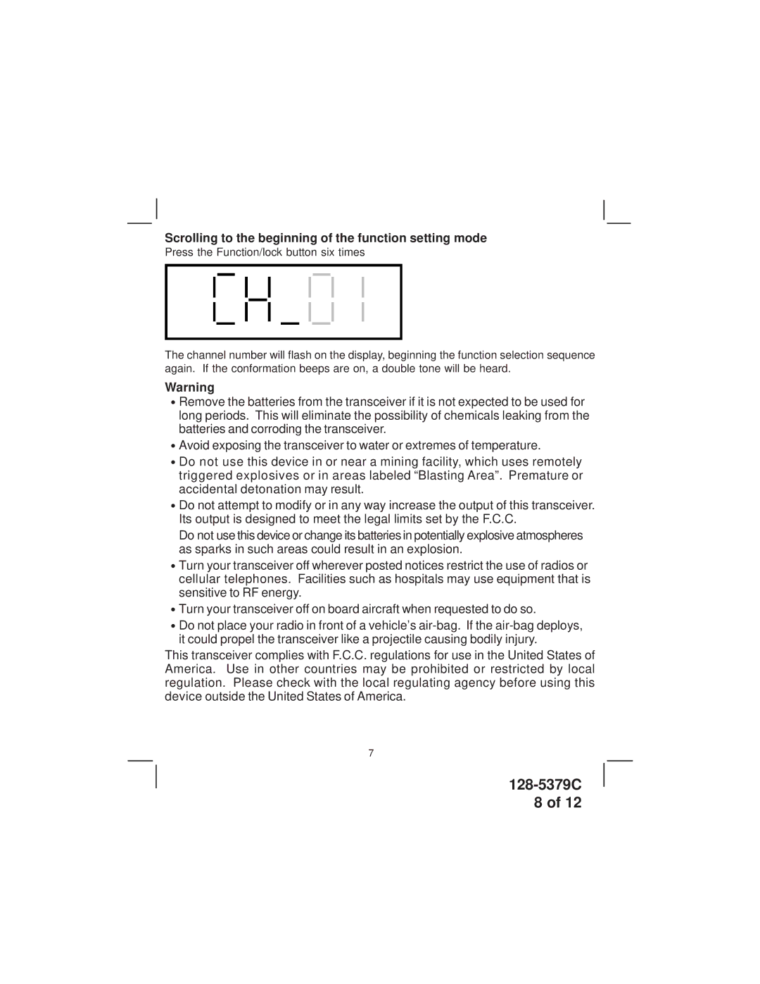 Audiovox FR-214 warranty Scrolling to the beginning of the function setting mode 