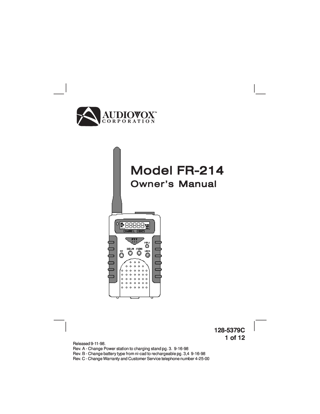 Audiovox warranty 128-5379C 1 of, Model FR-214, Owner’s Manual 
