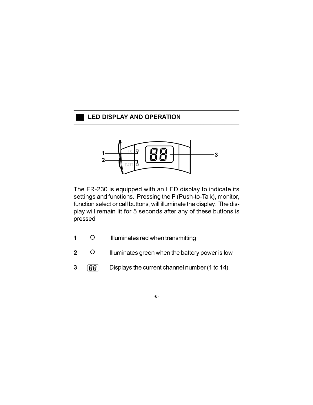 Audiovox FR-230 owner manual LED Display and Operation 