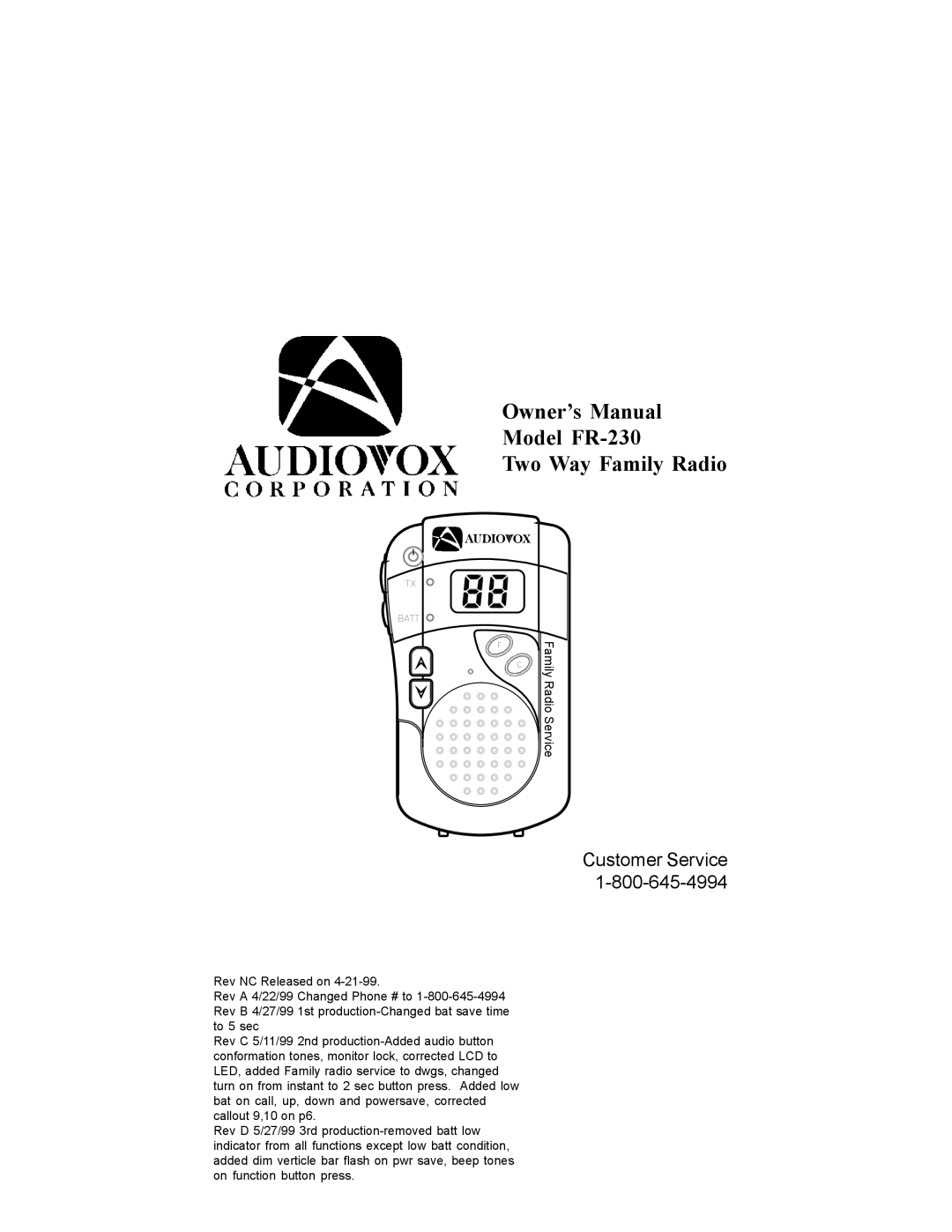 Audiovox owner manual Model FR-230 Two Way Family Radio 