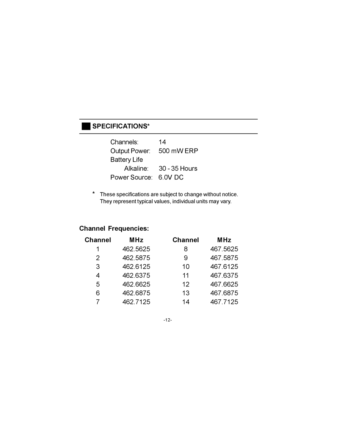 Audiovox FR-230 owner manual Specifications 