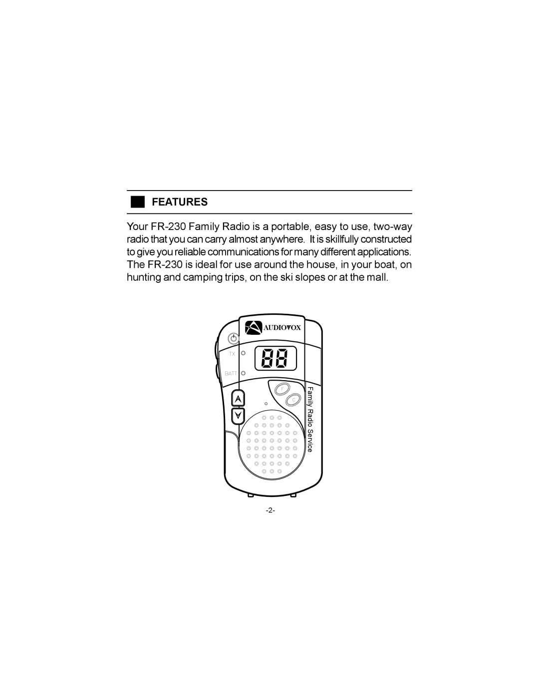 Audiovox FR-230 owner manual Features 