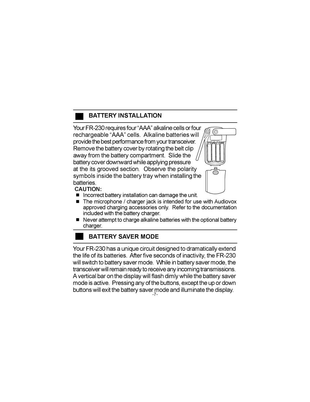 Audiovox FR-230 owner manual Battery Installation, Battery Saver Mode 