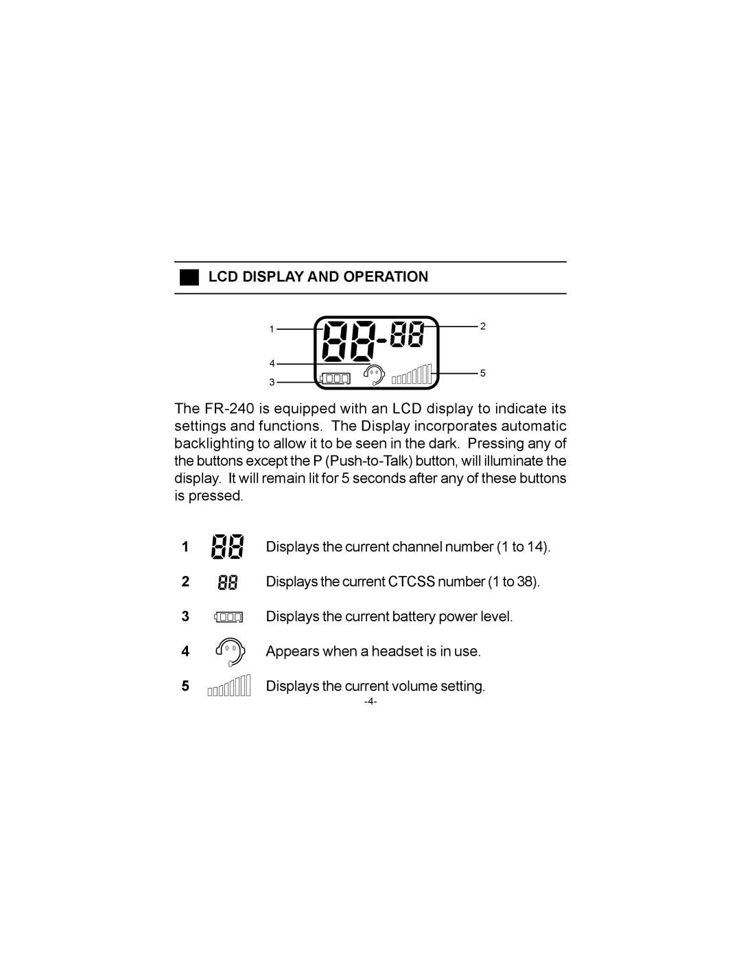 Audiovox FR-240 owner manual LCD Display and Operation 