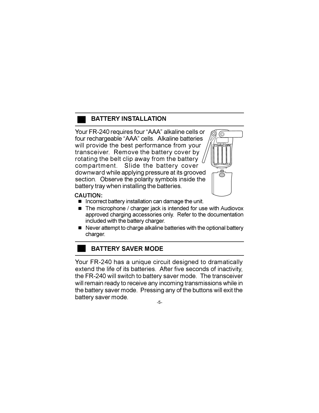 Audiovox FR-240 owner manual Battery Installation, Battery Saver Mode 