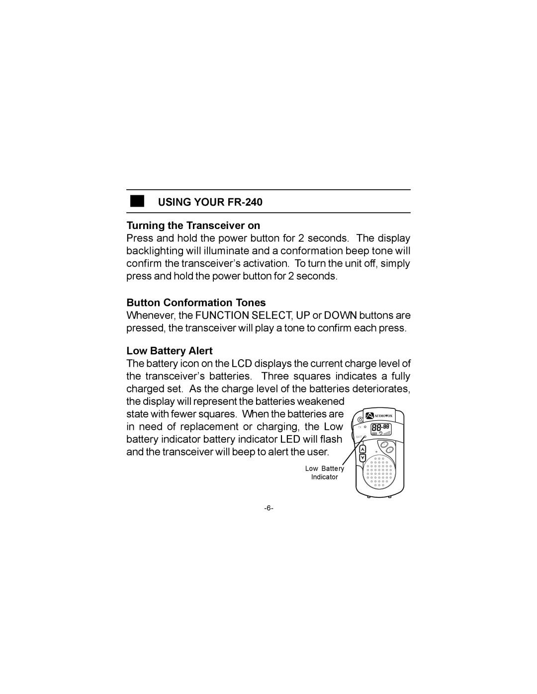 Audiovox owner manual Using Your FR-240 