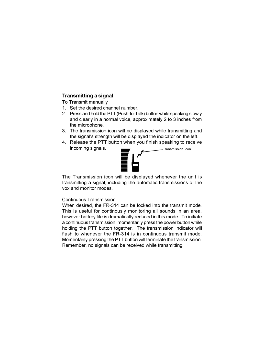 Audiovox FR-314 owner manual Transmitting a signal 