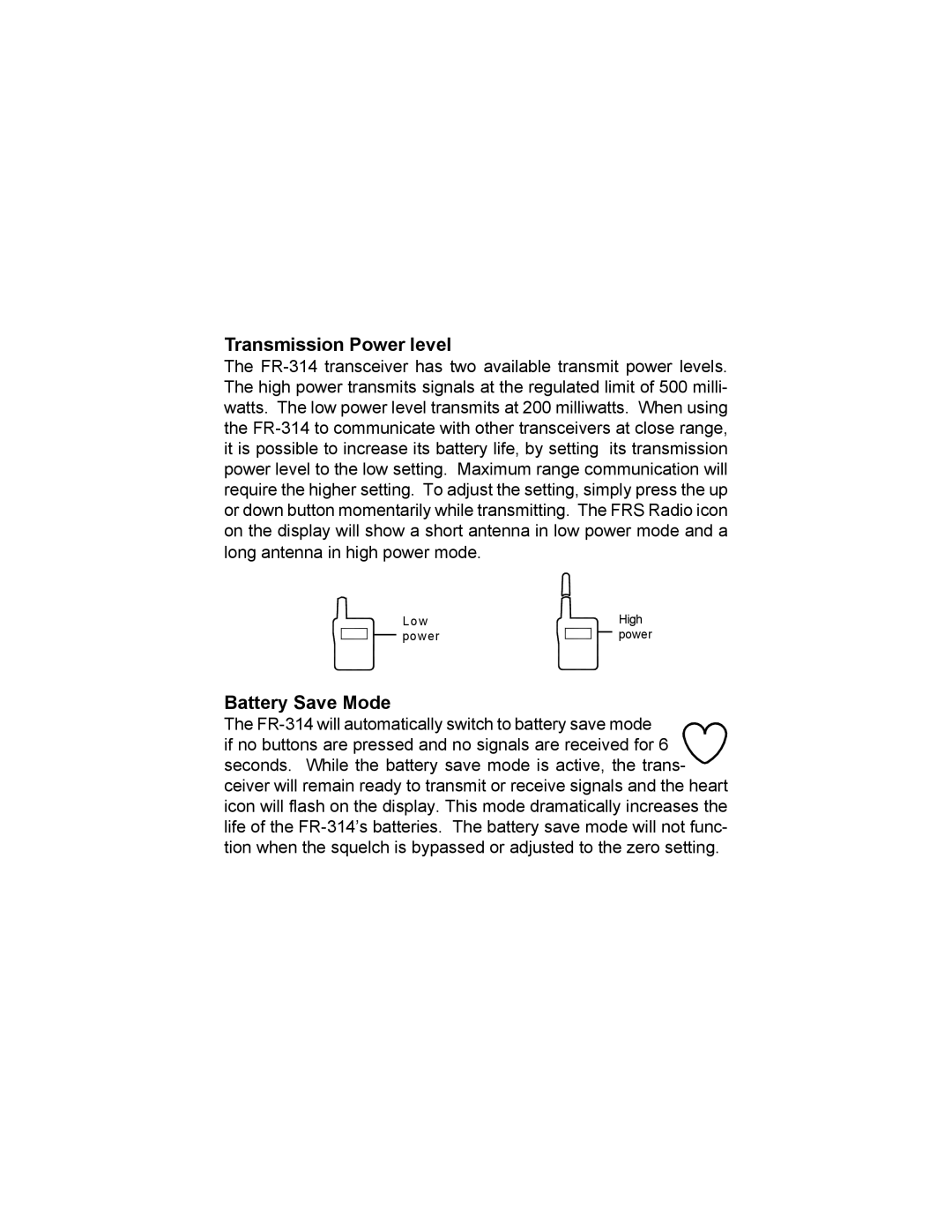 Audiovox FR-314 owner manual Transmission Power level, Battery Save Mode 