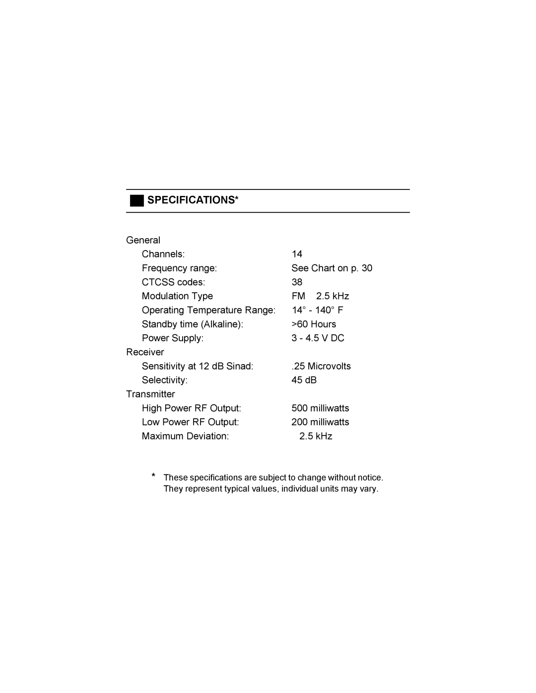 Audiovox FR-314 owner manual Specifications 