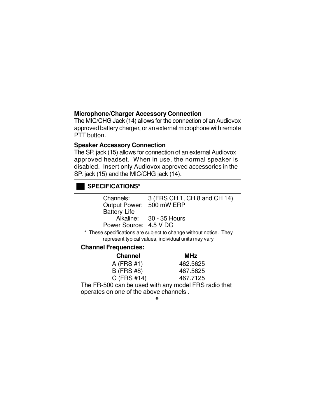 Audiovox FR-500 owner manual Microphone/Charger Accessory Connection, Specifications 