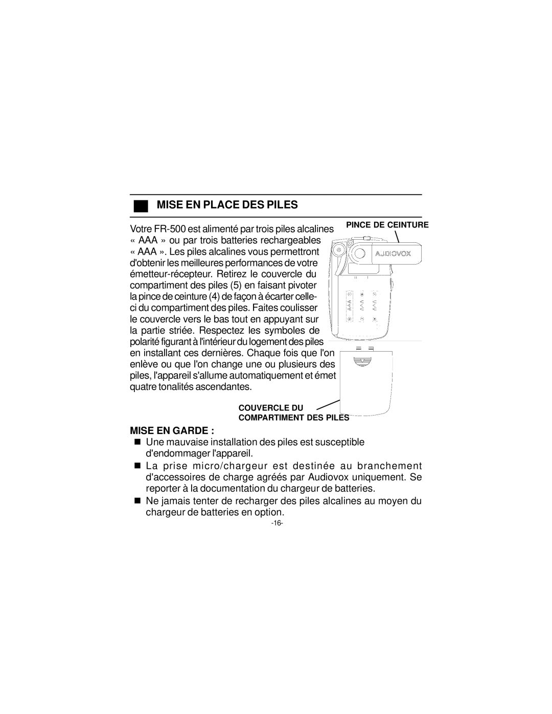 Audiovox FR-500 owner manual Mise EN Place DES Piles, « AAA » ou par trois batteries rechargeables 