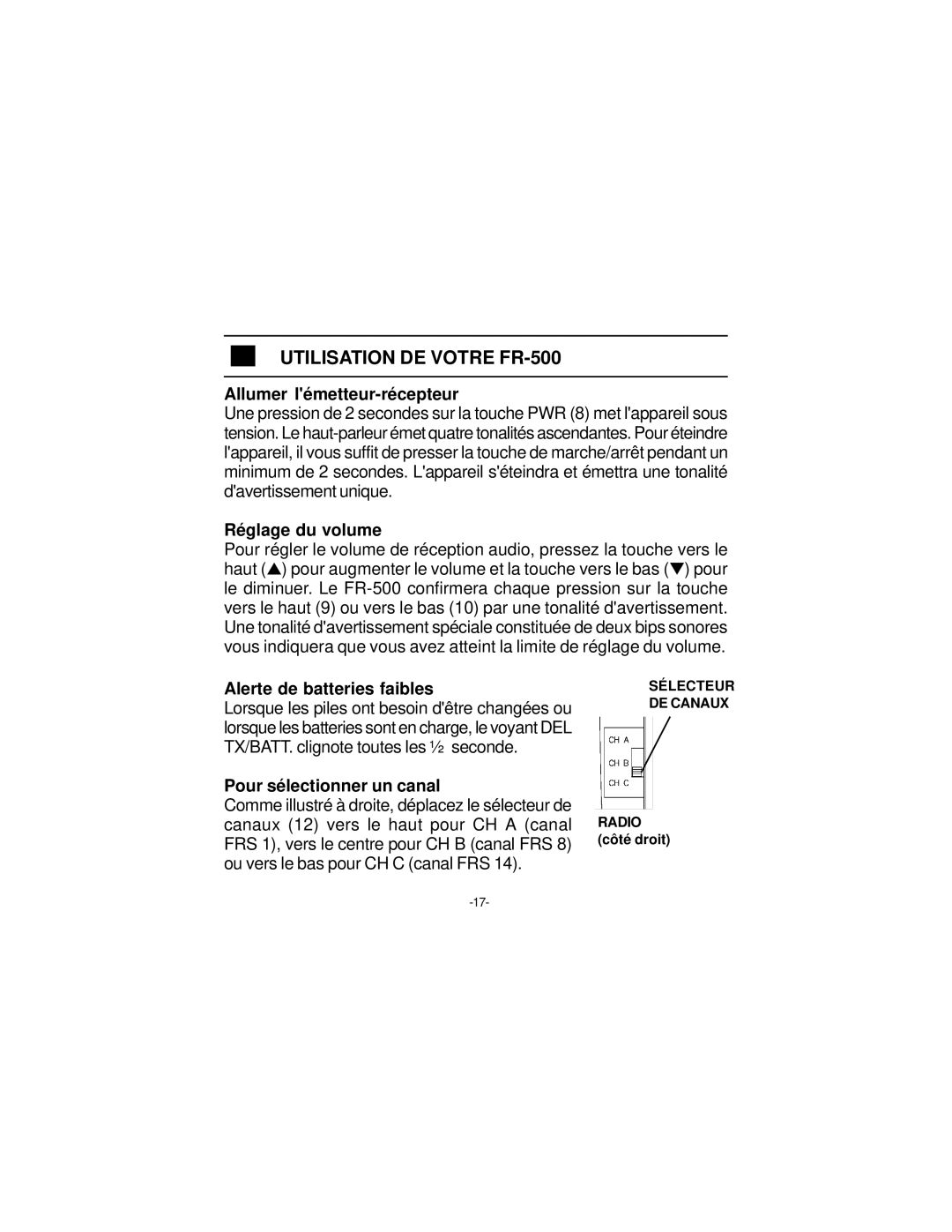 Audiovox Utilisation DE Votre FR-500, Allumer lémetteur-récepteur, Réglage du volume, Alerte de batteries faibles 