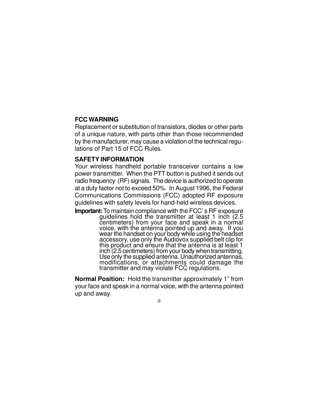 Audiovox FR-500 owner manual FCC Warning, Safety Information 