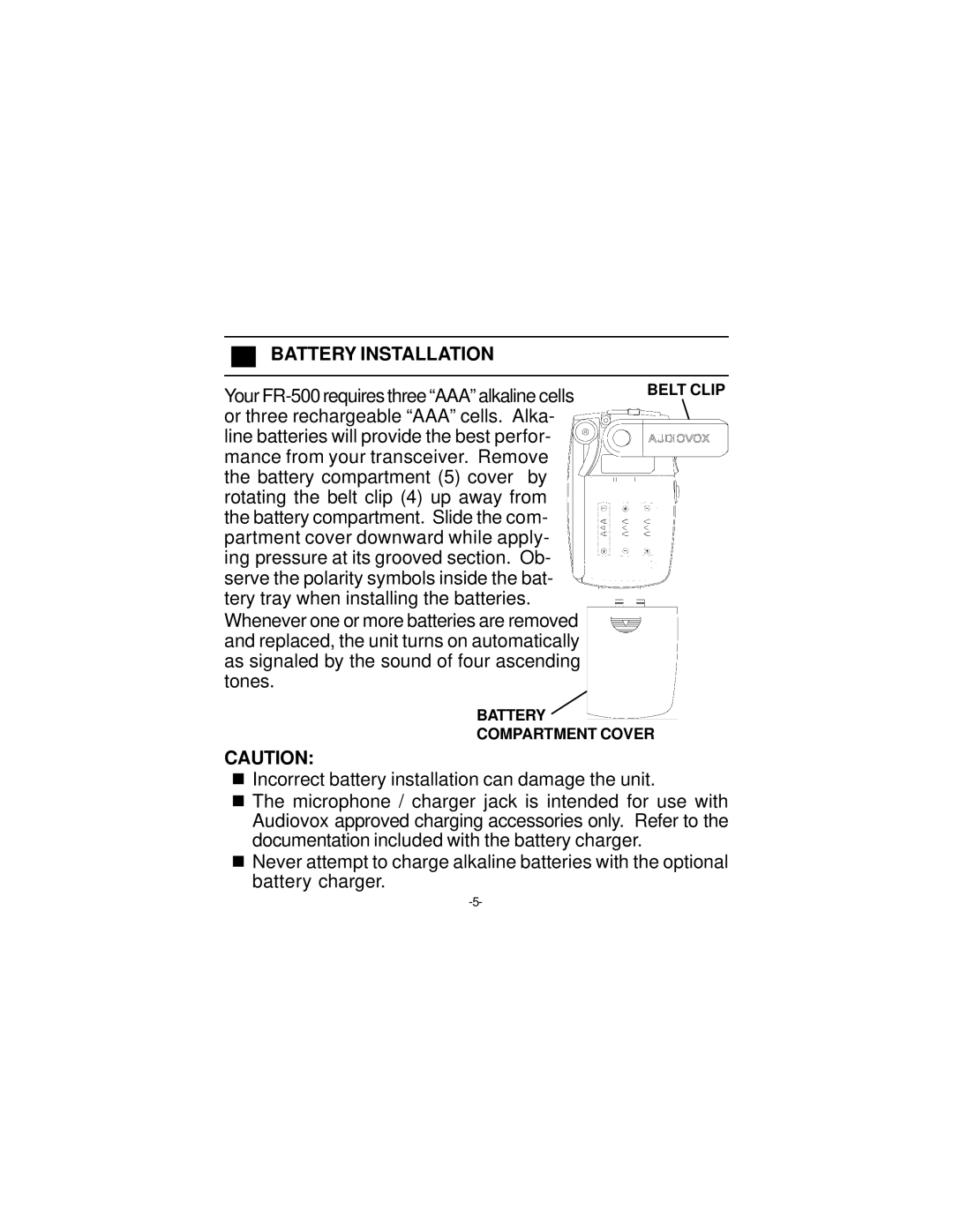 Audiovox FR-500 owner manual Battery Installation 