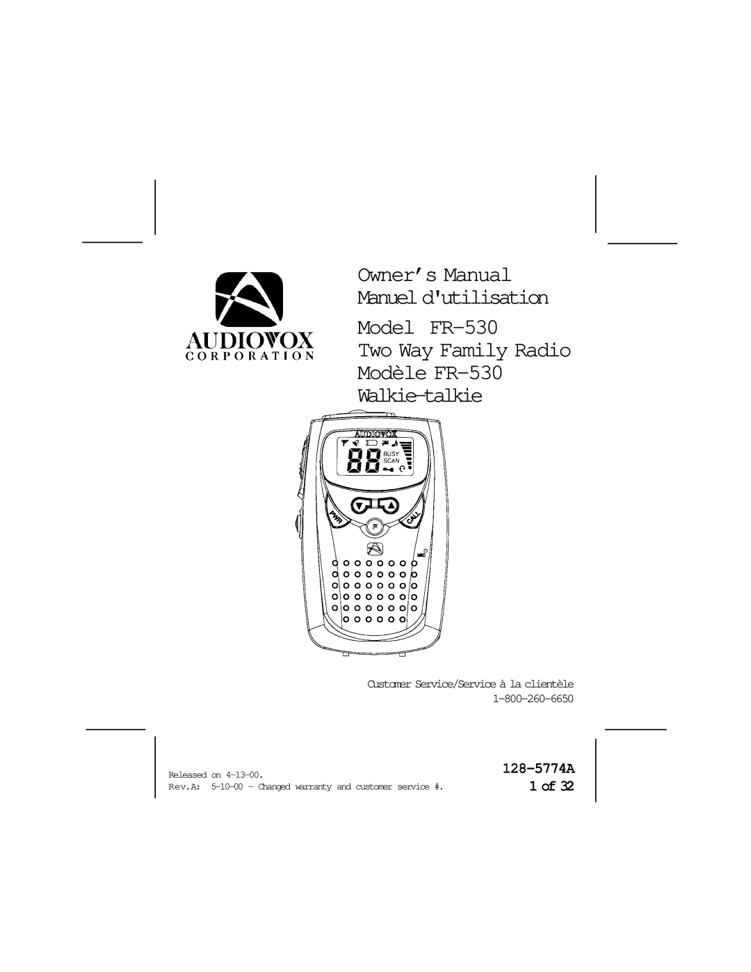 Audiovox FR-530 warranty 128-5774A 