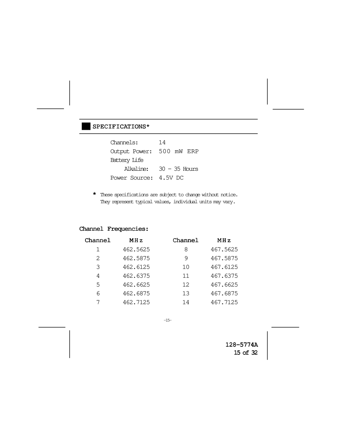 Audiovox FR-530 warranty Specifications, Channel 