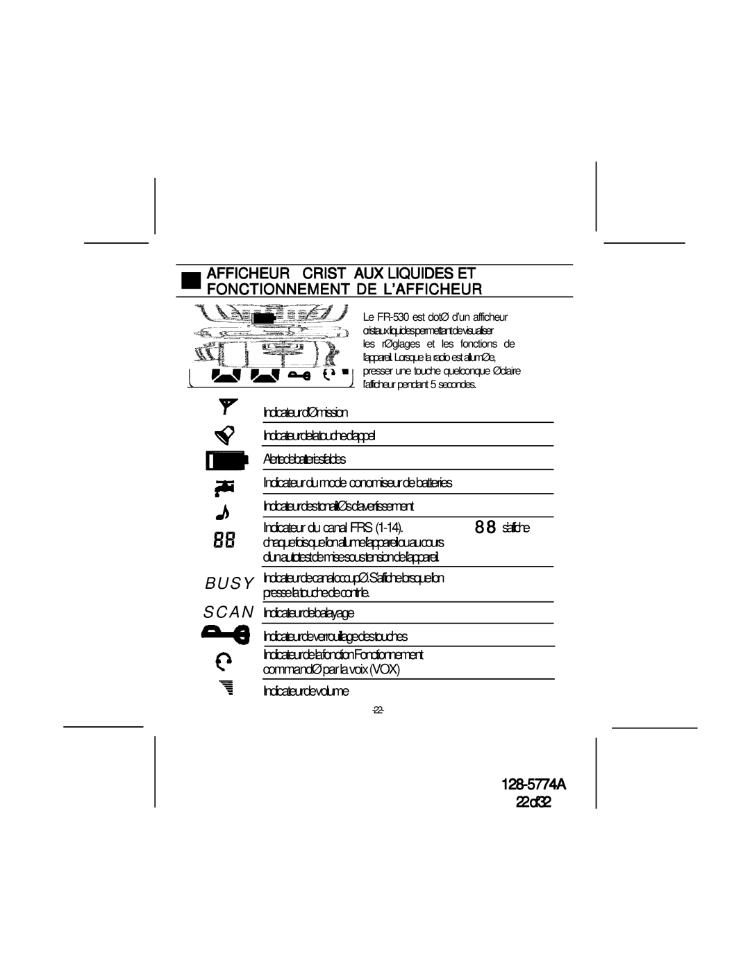 Audiovox FR-530 warranty Indicateur de volume 