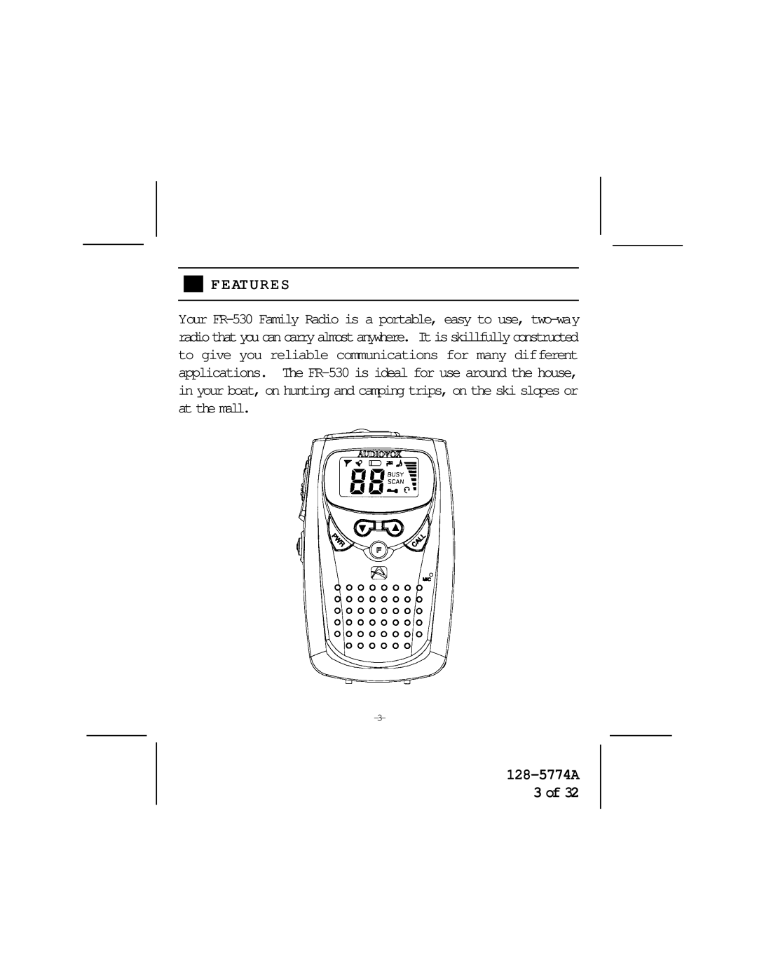 Audiovox FR-530 warranty Features 