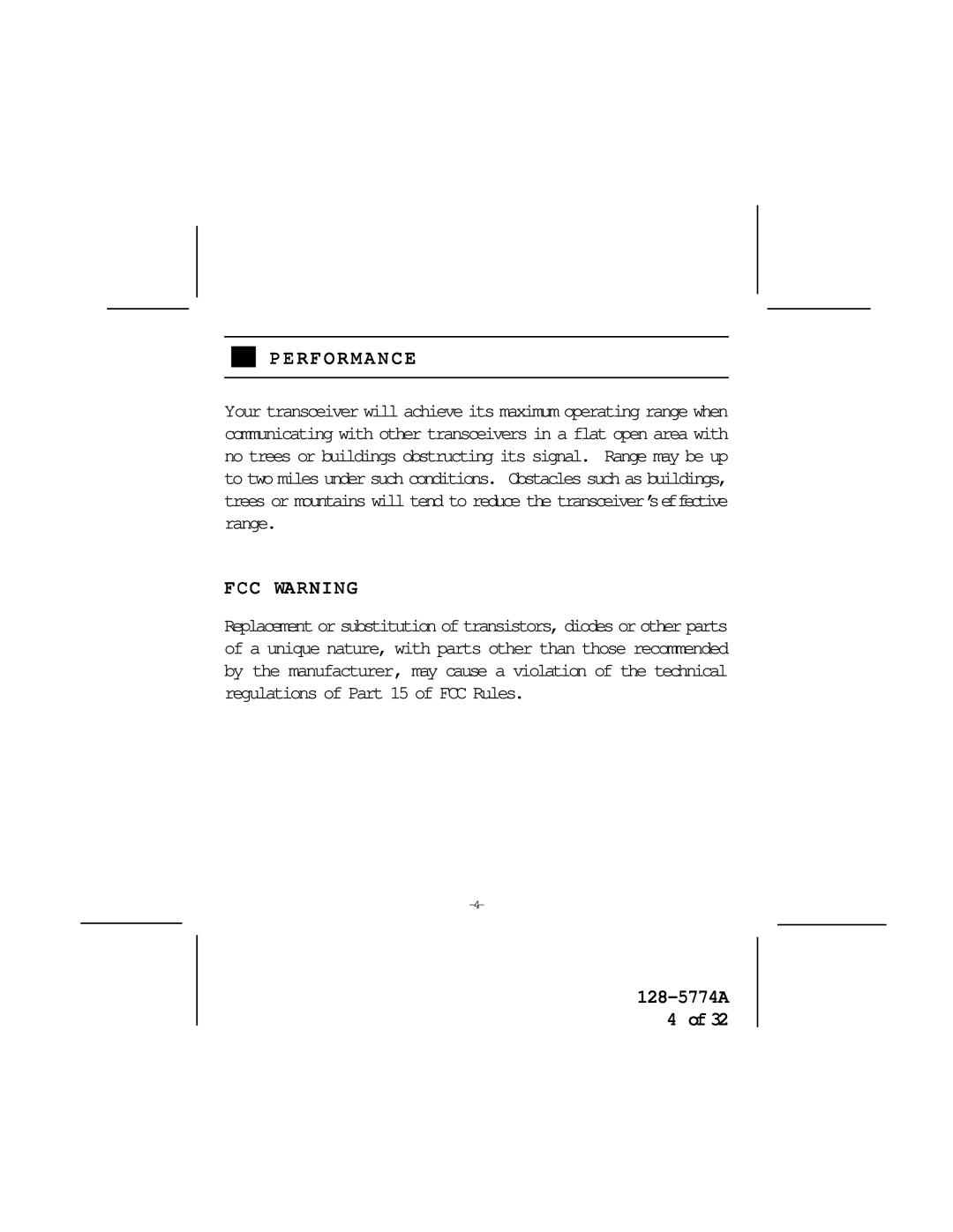 Audiovox FR-530 warranty Performance, FCC Warning 