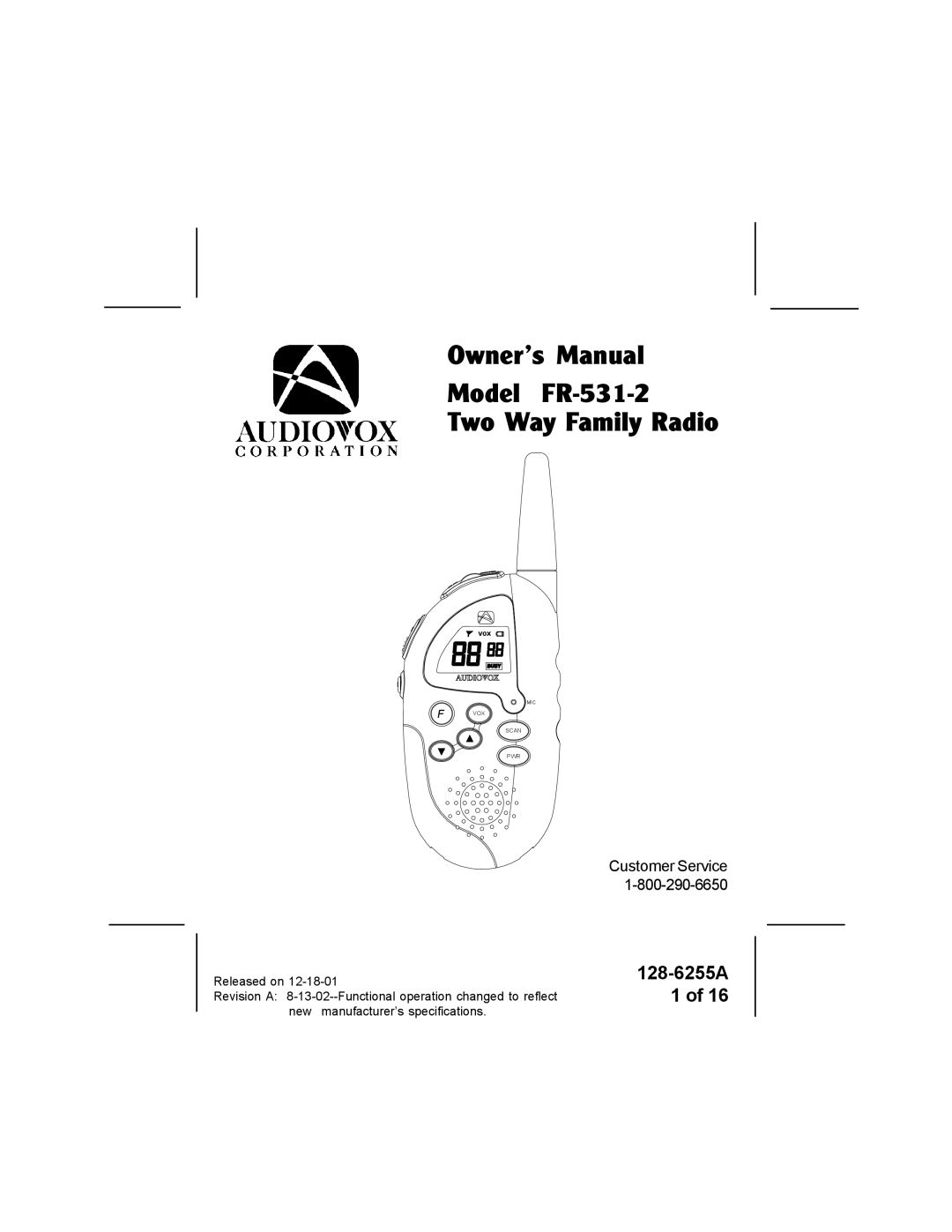 Audiovox specifications Model FR-531-2 Two Way Family Radio 