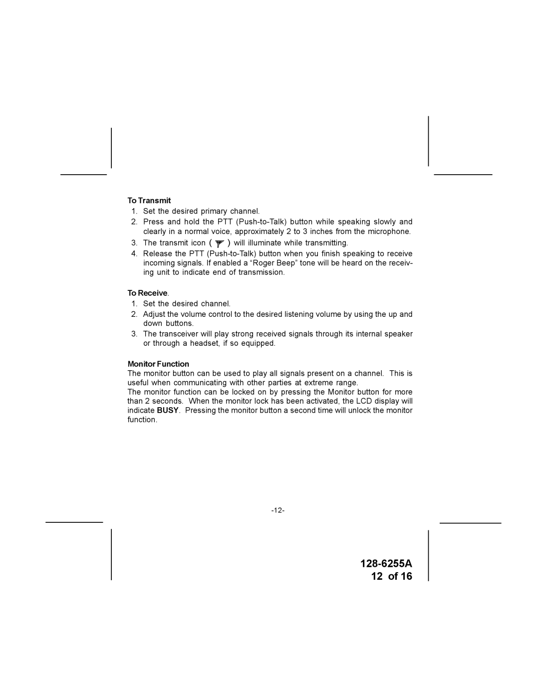 Audiovox FR-531-2 specifications To Transmit, To Receive, Monitor Function 