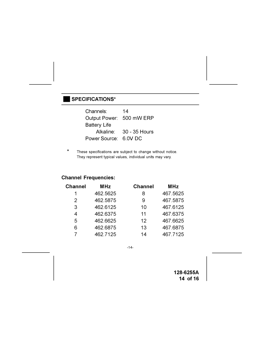 Audiovox FR-531-2 specifications Specifications, Channel Frequencies MHz 