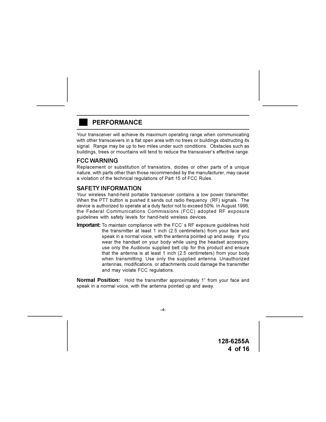 Audiovox FR-531-2 specifications Performance, FCC Warning 