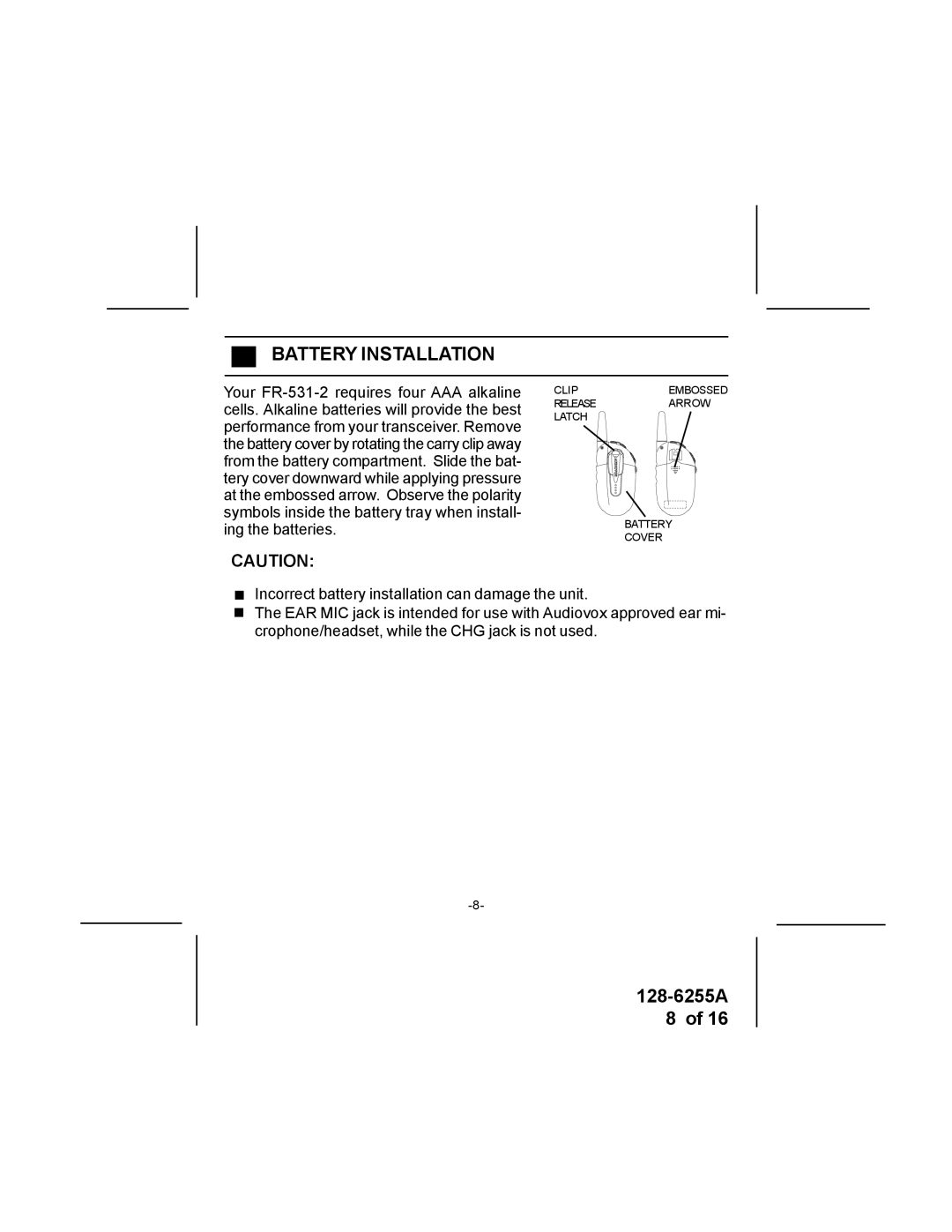 Audiovox FR-531-2 specifications Battery Installation 