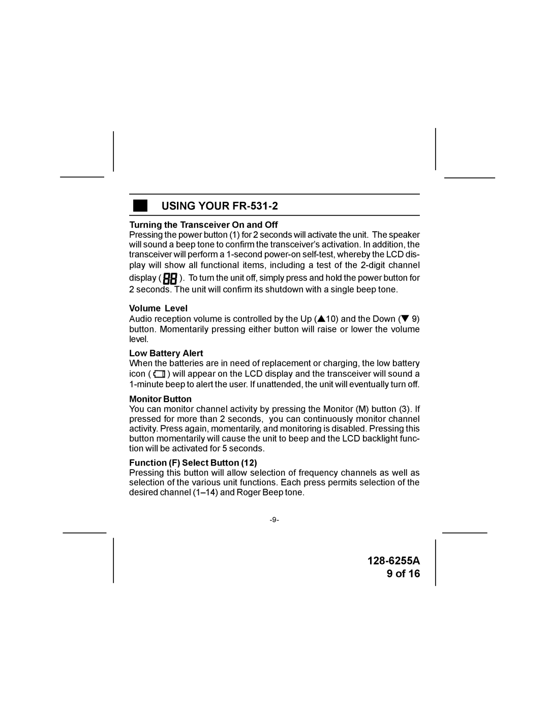 Audiovox specifications Using Your FR-531-2, Turning the Transceiver On and Off 