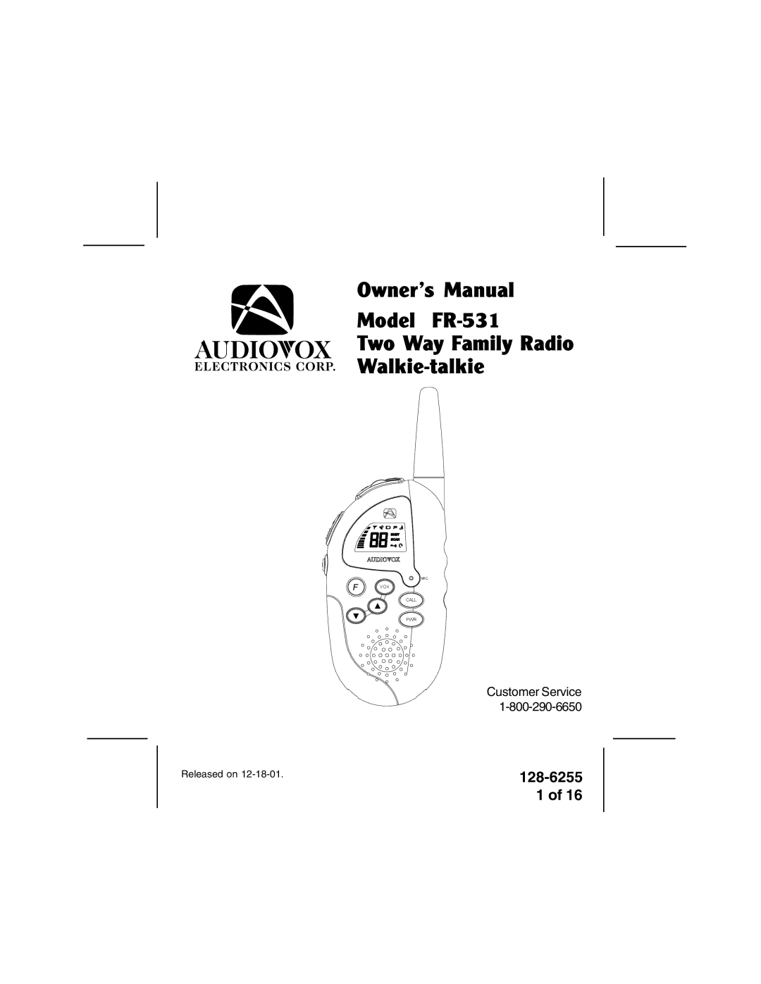 Audiovox owner manual Model FR-531 Two Way Family Radio Walkie-talkie 