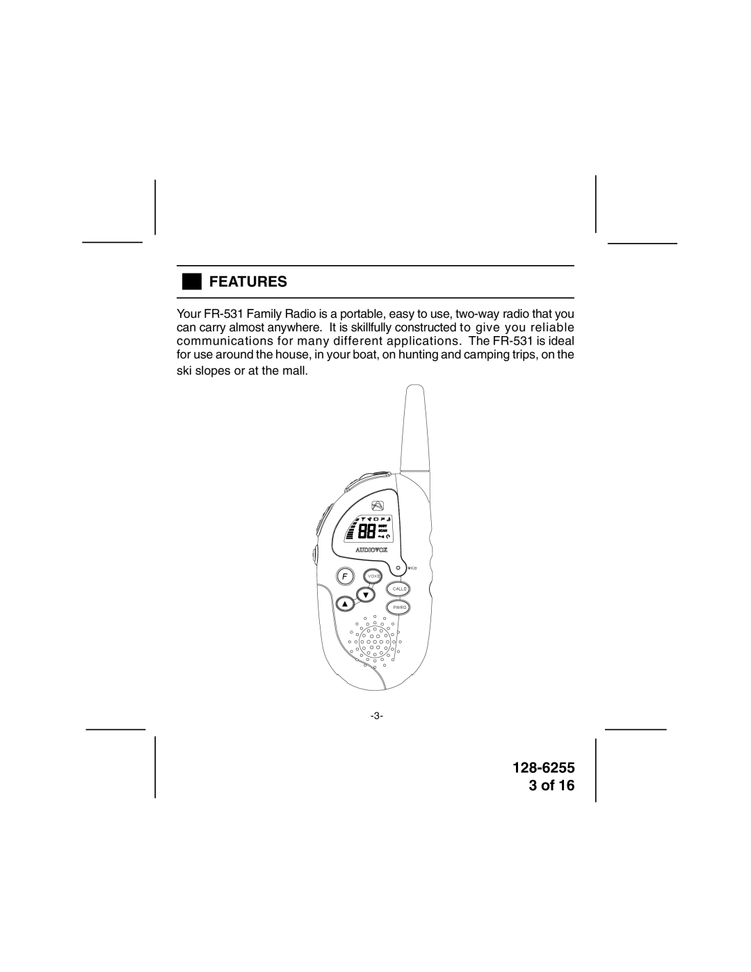 Audiovox FR-531 owner manual Features 