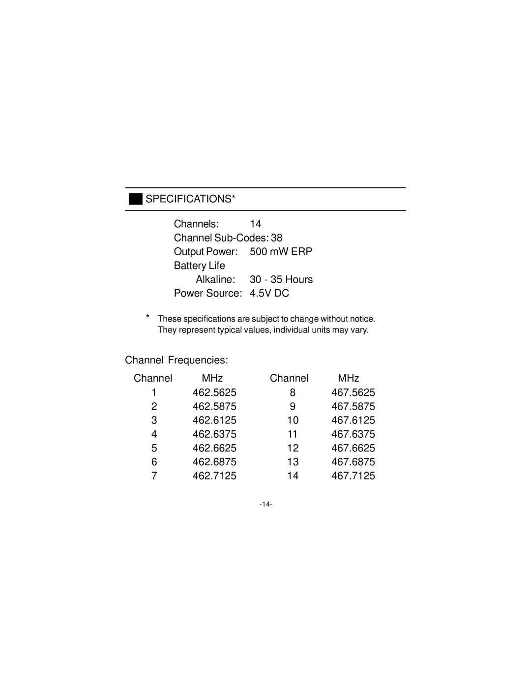 Audiovox FR-540 manuel dutilisation Specifications, Channel 