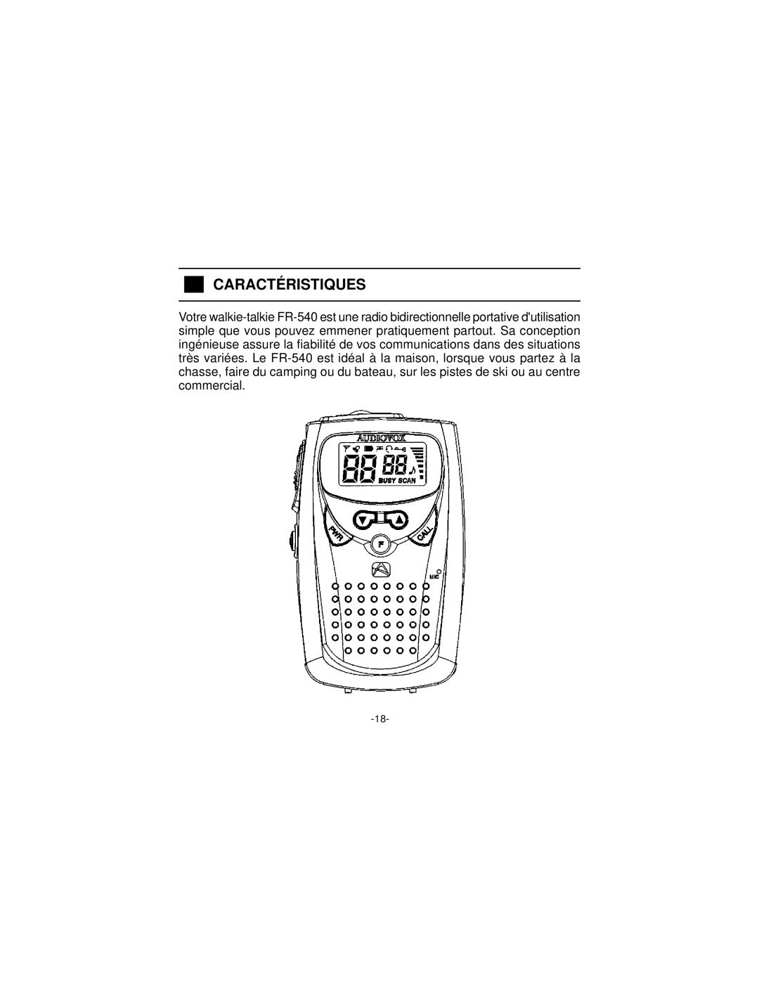 Audiovox FR-540 manuel dutilisation Caractéristiques 