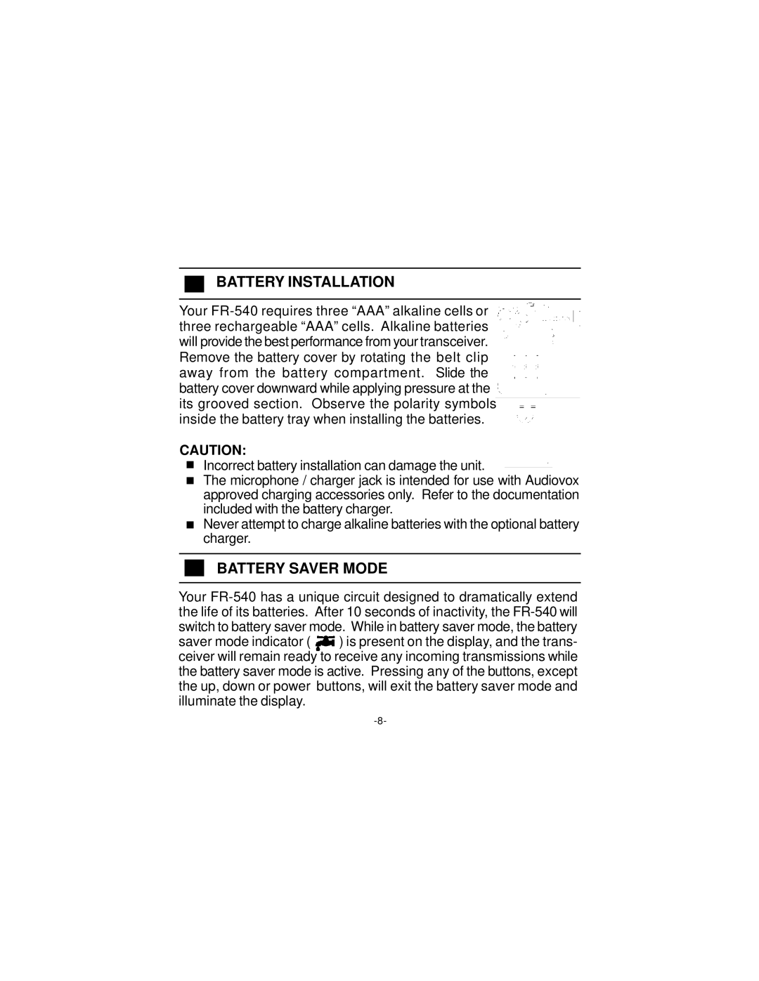 Audiovox FR-540 manuel dutilisation Battery Installation, Battery Saver Mode 