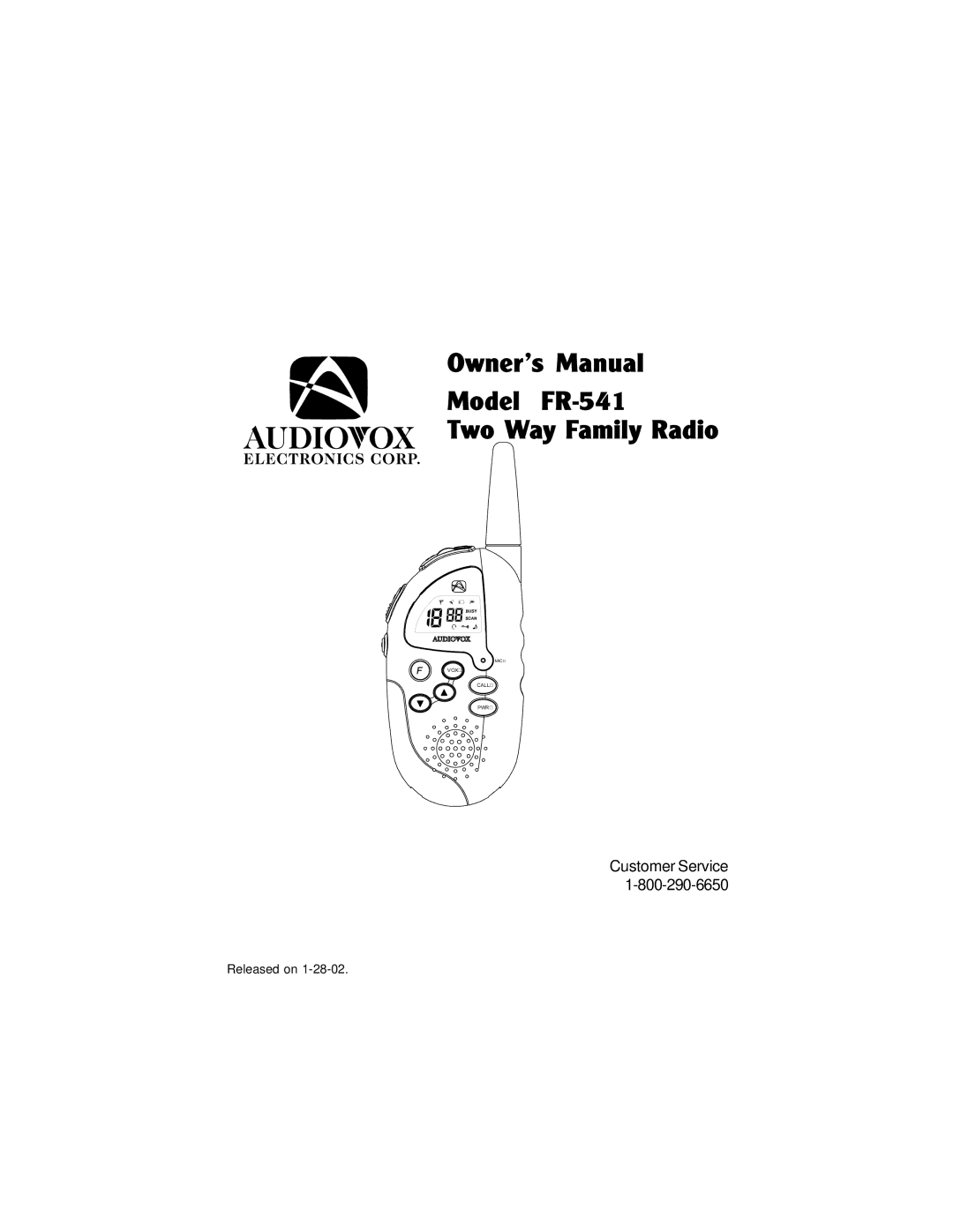 Audiovox owner manual Model FR-541 Two Way Family Radio 