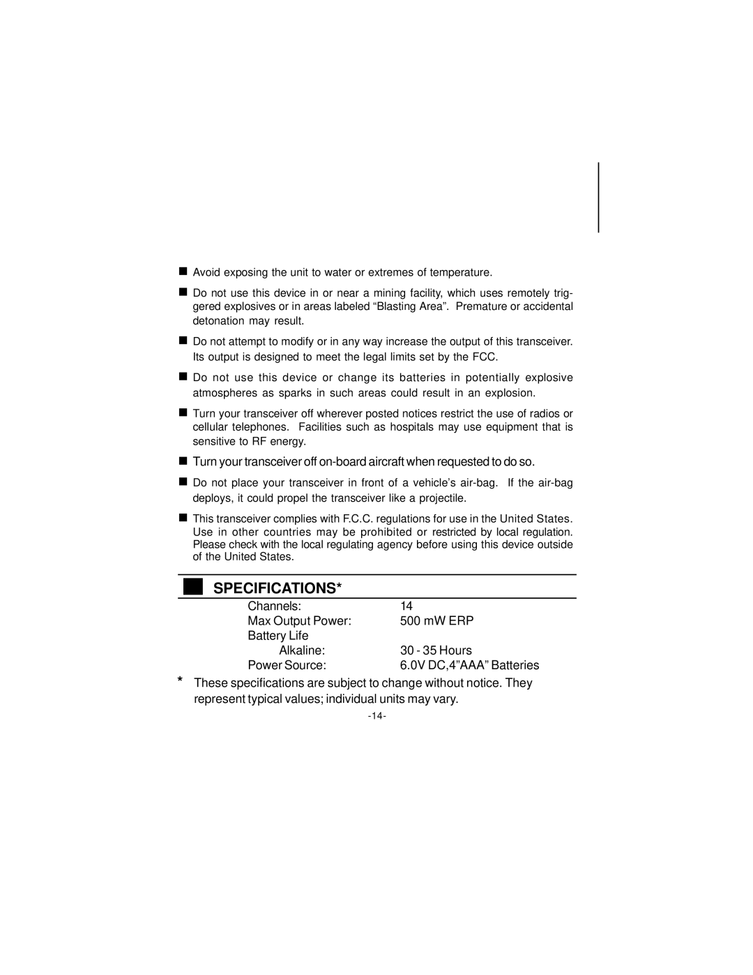 Audiovox FR-541 owner manual Specifications 