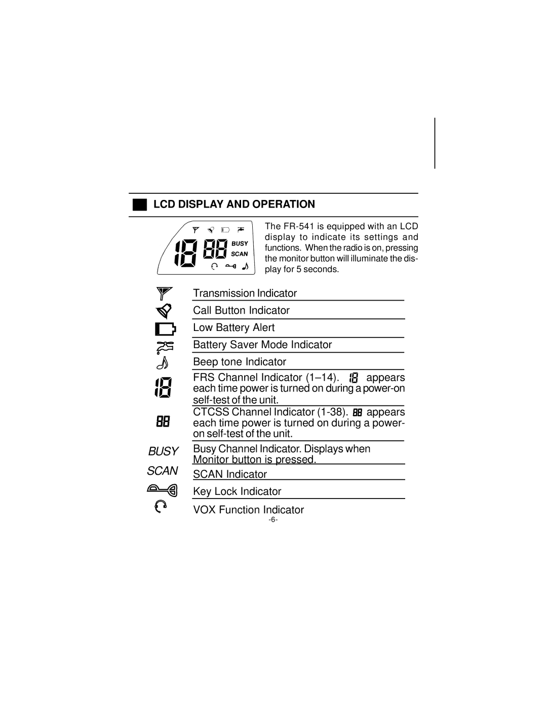 Audiovox FR-541 owner manual Busy Scan, LCD Display and Operation 