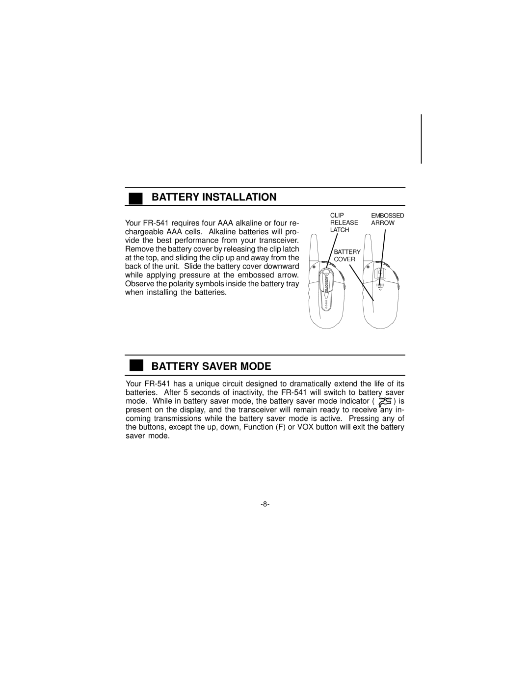 Audiovox FR-541 owner manual Battery Installation, Battery Saver Mode 