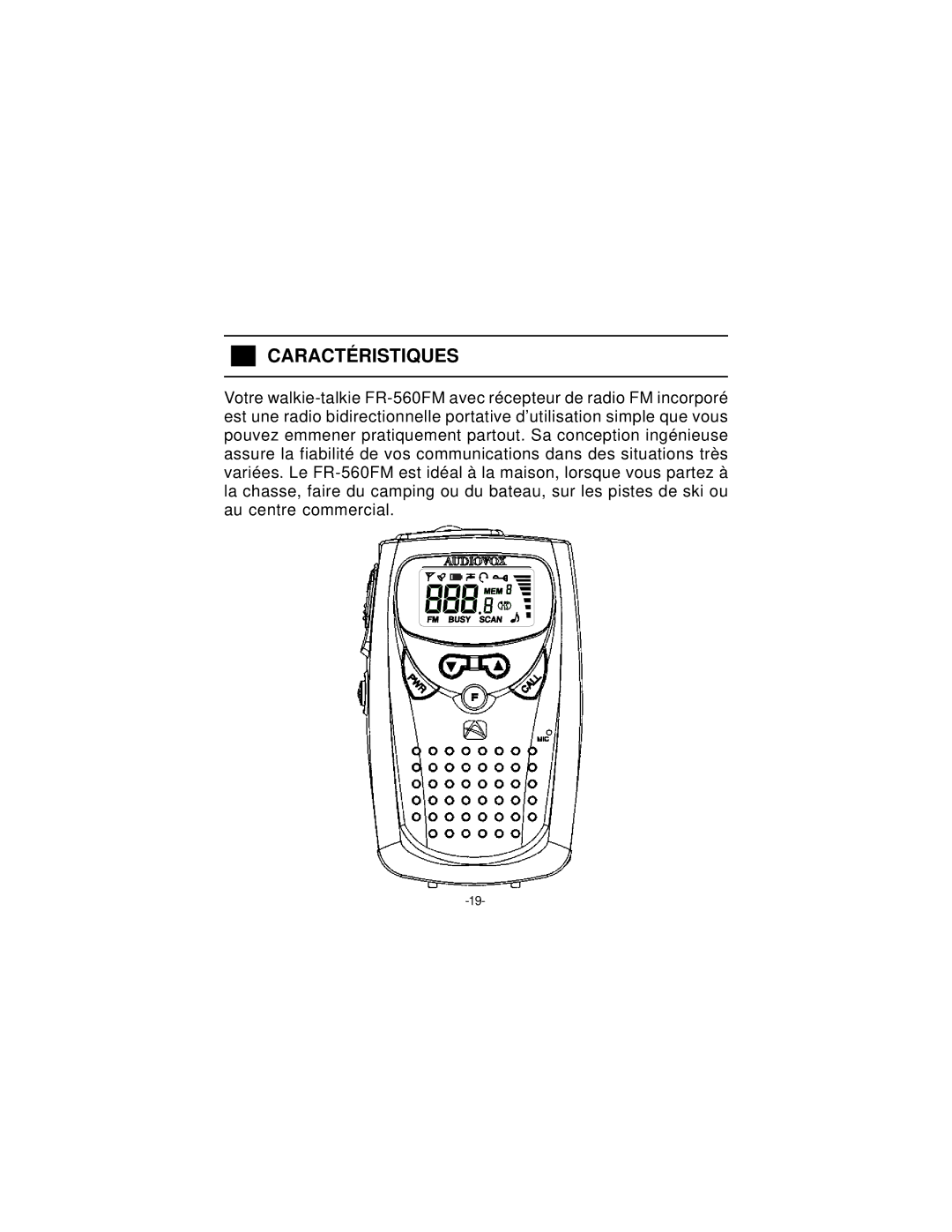 Audiovox FR-560FM manuel dutilisation Caractéristiques 
