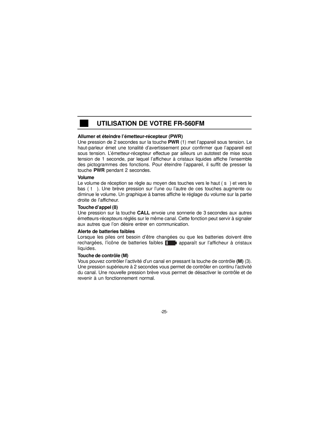 Audiovox manuel dutilisation Utilisation DE Votre FR-560FM, Allumer et éteindre l’émetteur-récepteur PWR 