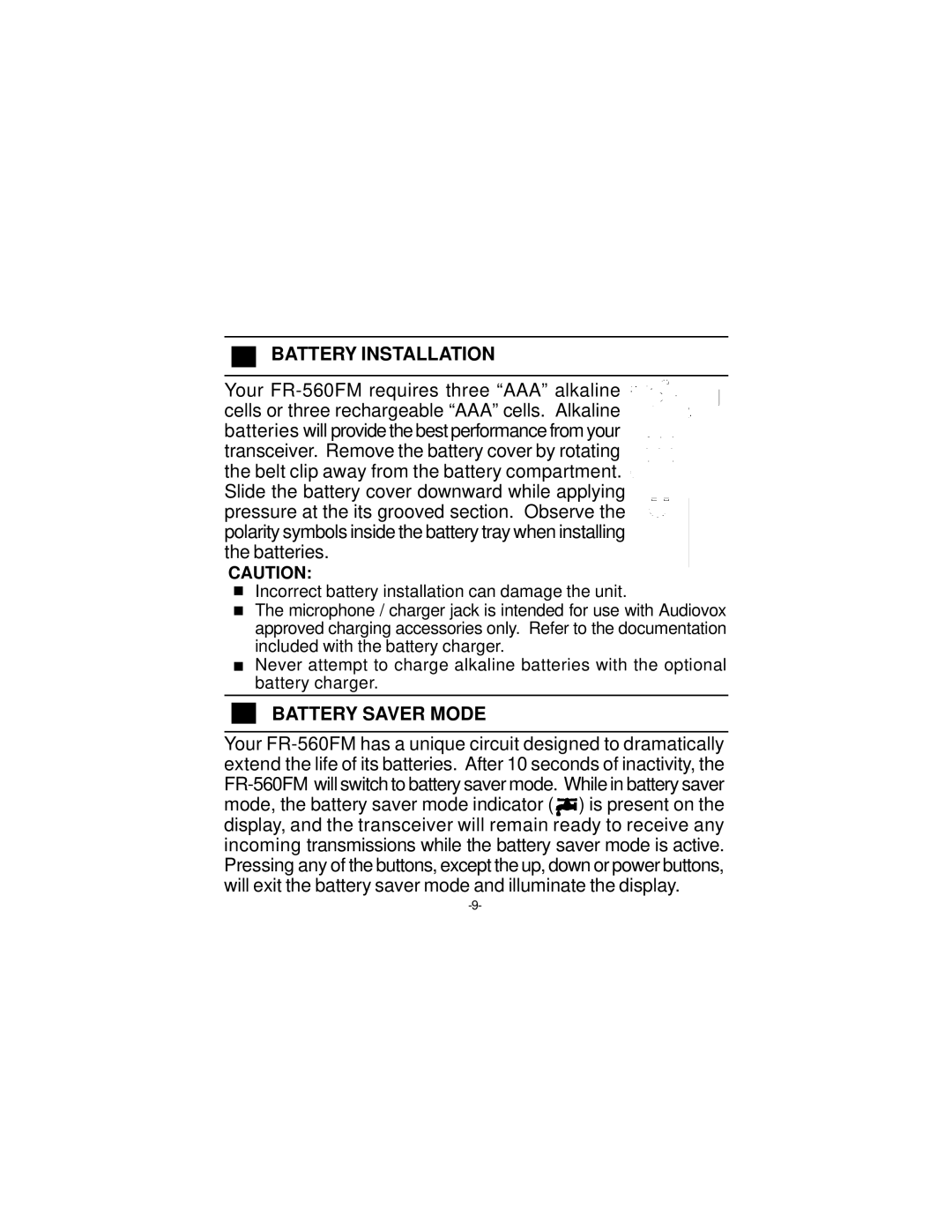 Audiovox FR-560FM manuel dutilisation Battery Installation, Battery Saver Mode 