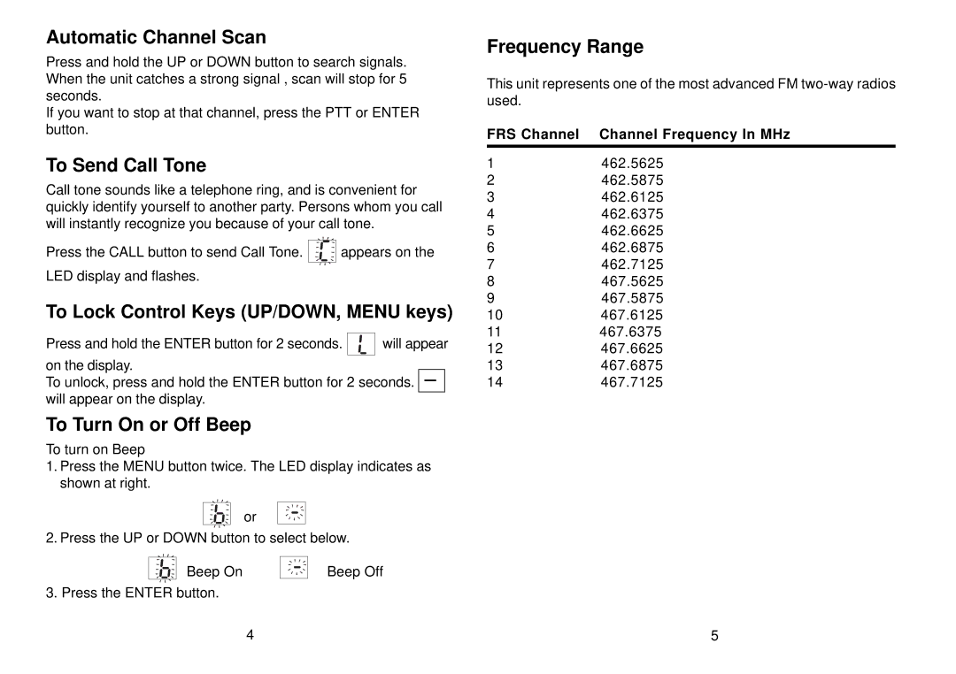 Audiovox FR14 manual Automatic Channel Scan, To Send Call Tone, To Turn On or Off Beep, Frequency Range 