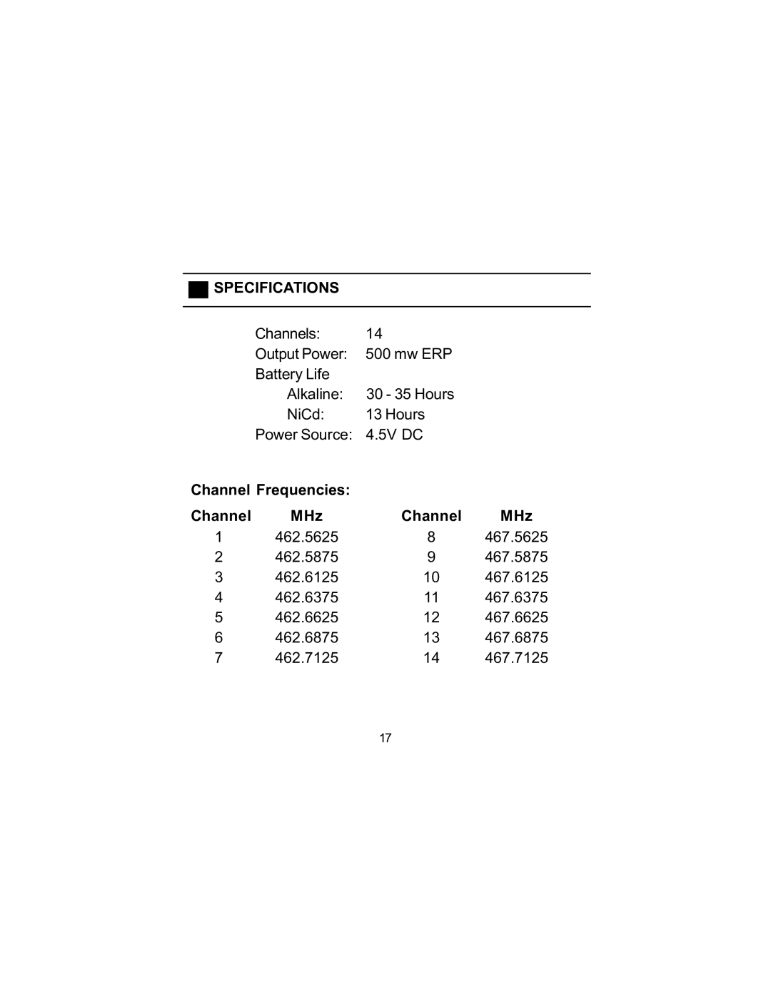 Audiovox FR140 owner manual Specifications 