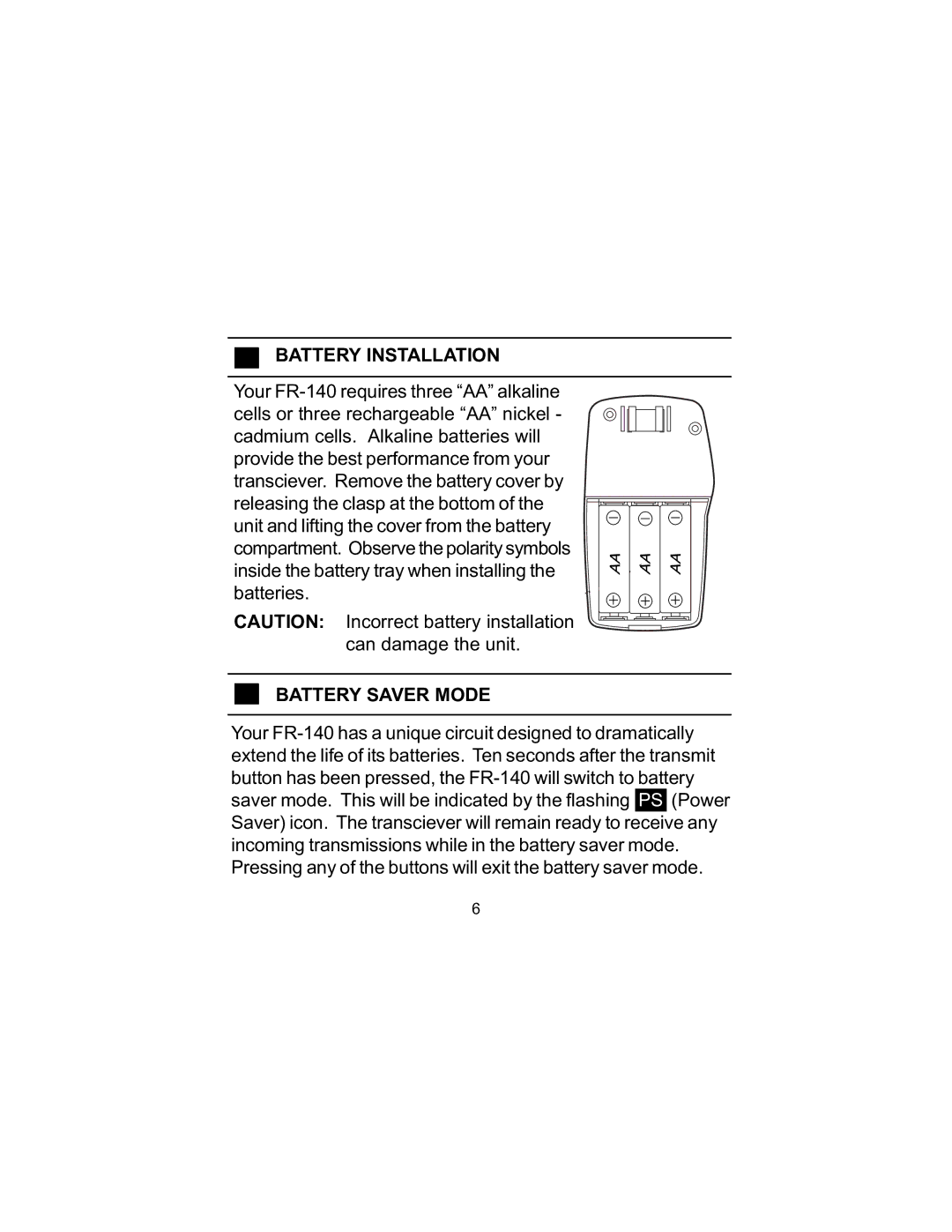 Audiovox FR140 owner manual Battery Installation, Battery Saver Mode 