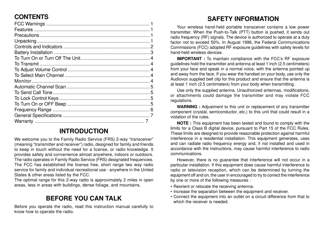 Audiovox FR142 manual Contents, Introduction, Before YOU can Talk Safety Information 