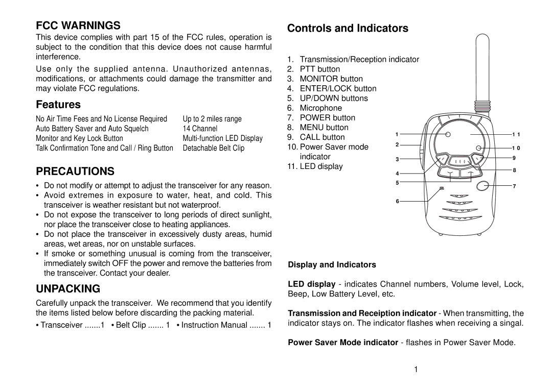 Audiovox FR142 manual FCC Warnings, Features, Precautions, Unpacking, Controls and Indicators 