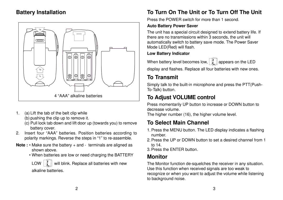 Audiovox FR142 Battery Installation, To Turn On The Unit or To Turn Off The Unit, To Transmit, To Adjust Volume control 